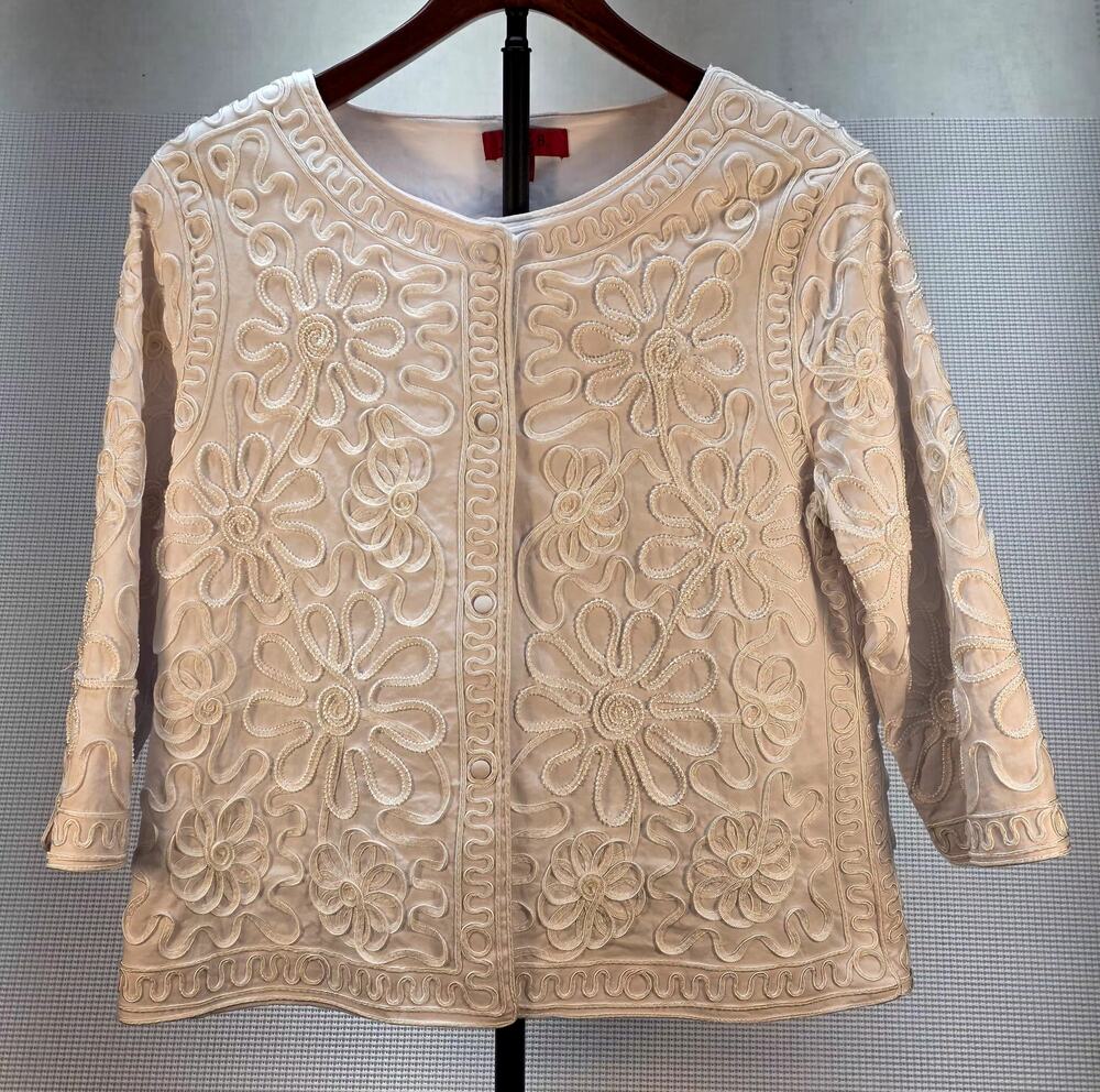 Joni B Petite Women's (L) Embroidered Soutache‎ Jacket White Floral Cotton Blend
